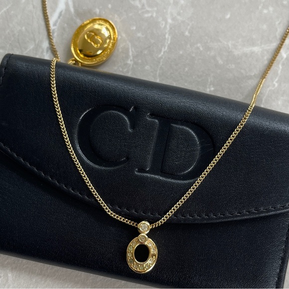 CD Christian Dior Vintage Goldtone Chain Rhinestone Embellished Pendant Necklace - Picture 1 of 12